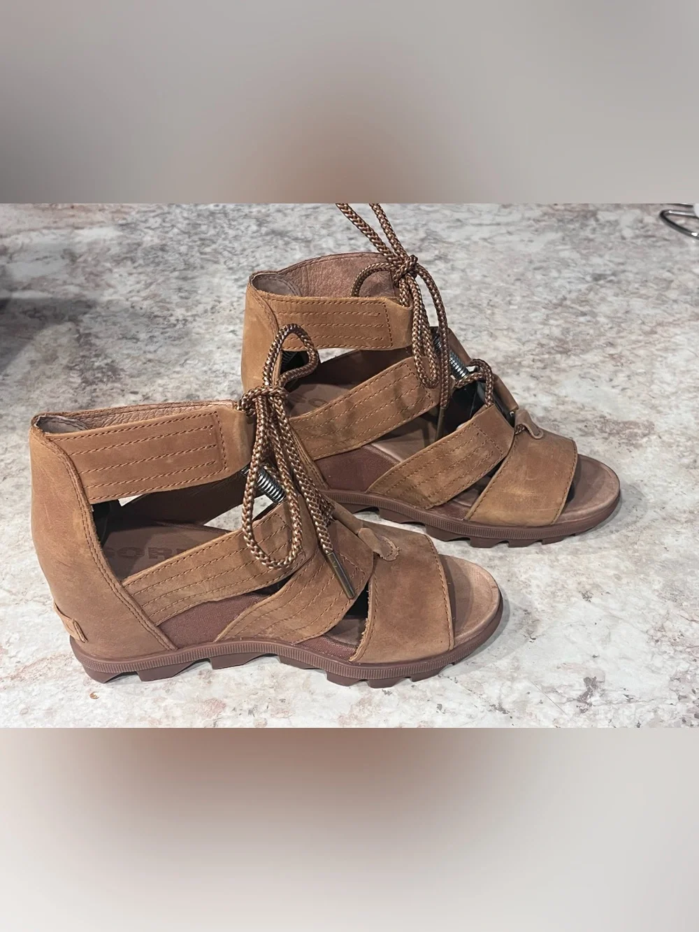 SOREL Joanie II Wedge Lace Sandals Cognac Tan Sz 7